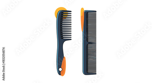 A flat design illustration of two different hair combs, a styling comb and a standard comb, isolated on a white background.
