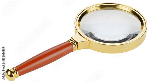 Magnifying glass with golden frame and wooden handle on white background