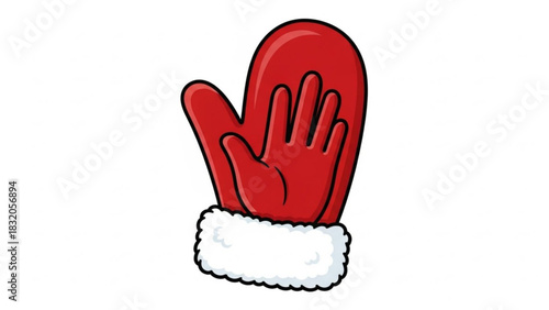 Red cartoon winter mitten with a human hand inside making a stop or rejection gesture, festive holiday season clothing accessory vector illustration