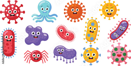 Colorful cartoon viruses, bacteria, and microbes with friendly faces, smiling characters in bright colors, flat vector illustration
