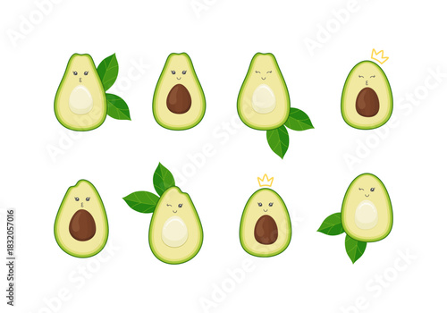 Cute avocado with crown, leaves and funny faces, isolated on a white background. Collection of kawaii fruit characters. Half an avocado with and without pit. Vector set for packaging, signage or print