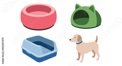 An isometric collection of pet care accessories, including a dog, a pink food bowl, a green cat bed, and a blue litter box.