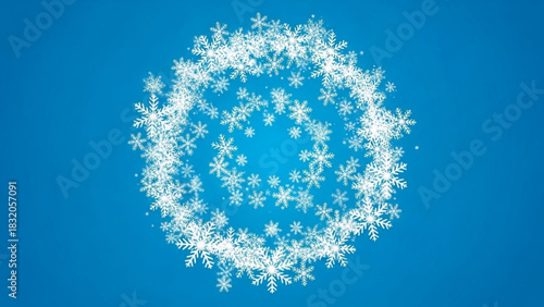 Swirling white snowflakes forming a decorative circular frame on a vibrant blue gradient background, ideal for winter season and holiday designs