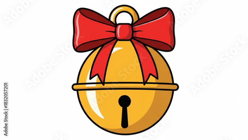 Cartoon golden jingle bell with a vibrant red bow, classic holiday ornament for christmas celebrations, festive seasonal design element.