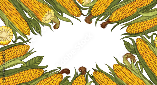 A vibrant, hand-drawn rectangular frame made from realistic corn on the cob with green leaves, creating a border with empty space.