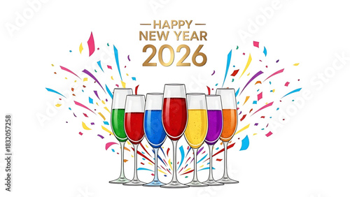 Happy New Year 2026 celebration with colorful champagne flutes illustration