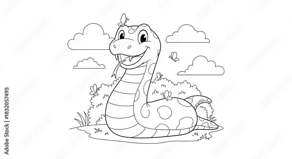 Fototapeta premium A simple and fun coloring page for kids, featuring a friendly cartoon snake with spots, surrounded by butterflies in a grassy field.