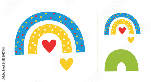 A simple and colorful cut and glue puzzle for toddlers, allowing them to create a bright rainbow with hearts and a green base.