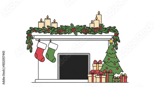 Festive christmas fireplace with green garland, red berries, burning candles, hung stockings, a decorated tree, and presents celebrating winter holiday.