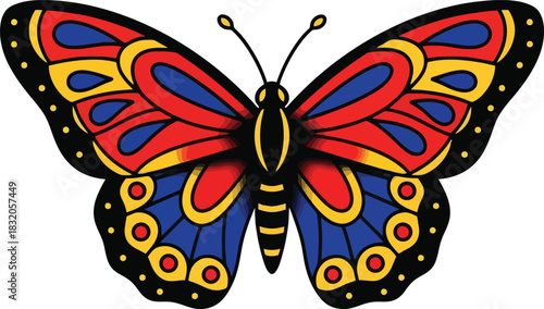 Vibrant Butterfly Illustration with Intricate Wing Patterns and Bold Colors.