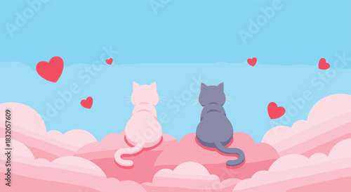 A sweet and romantic background showing the silhouette of a cat couple sitting on pink clouds, looking at a sky filled with hearts.