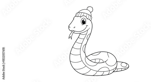 A fun and simple coloring page for children, showing a cute and friendly cartoon snake wearing a knitted winter hat with a pom-pom.