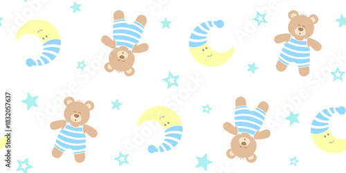 Cute crescent moon in a blue and white nightcap and sleeping teddy bear in a striped bodysuit on a white background with blue stars. Kids endless texture. Vector seamless pattern for surface texture
