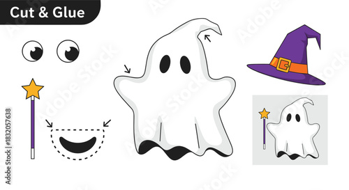 A fun Halloween-themed cut and glue paper craft for kids to assemble a cute ghost with a witch hat and a magic wand.