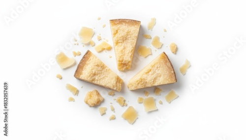 Close-up shot of several pieces of parmesan cheese, with some crumbs scattered around.