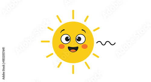 Cute and happy cartoon sun character with a smiling face, big eyes, and rosy cheeks isolated on a white background.