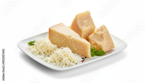 Close-up shot of a white plate with parmesan cheese chunks and shredded cheese.