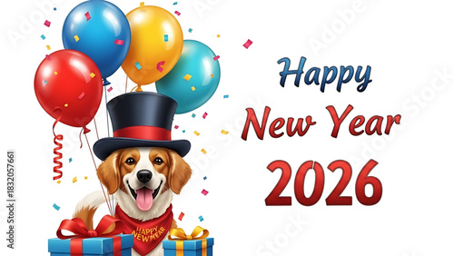 Happy New Year 2026 with charming dog celebrating the joyous holiday.