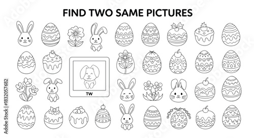 Find two same pictures educational game for children with black and white Easter eggs and bunnies for coloring activity.