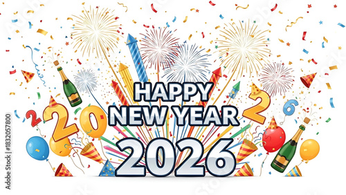 Cheerful Happy New Year 2026 Celebration with Fireworks and Party Elements
