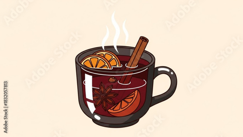 Warm steaming mulled wine illustration in a dark mug with orange slices, cinnamon stick, and star anise, evoking a cozy winter holiday feeling.