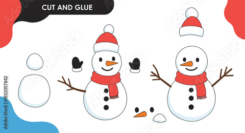 Cut and glue educational game for kids to create a snowman with a hat, scarf, and mittens from paper parts.