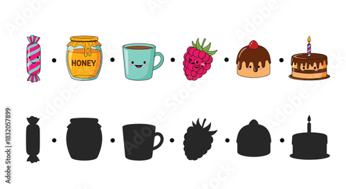 Find the correct shadow educational matching game for children with cute cartoon sweets, fruits, and drinks.