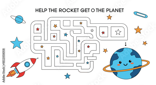 Help the rocket get to the planet space-themed maze puzzle game for children, a fun and educational activity.