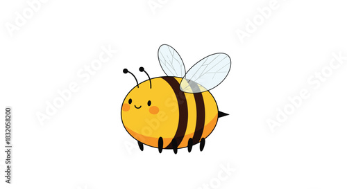 Adorable chubby and happy cartoon bee with translucent wings flying, isolated on a white background, in a simple art style.