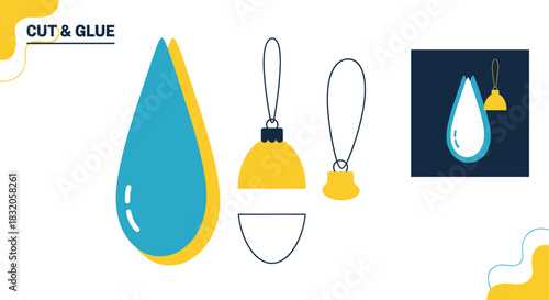 Cut and glue craft for children to make a teardrop-shaped Christmas bauble ornament from colored paper parts.