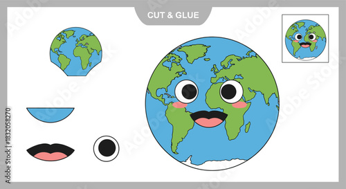 Cut and glue educational craft for children to create a cartoon planet Earth with a happy face and mustache.