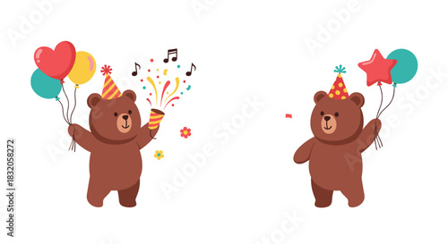 Two cute brown bears celebrating a birthday, one with a party popper and confetti and the other holding balloons.