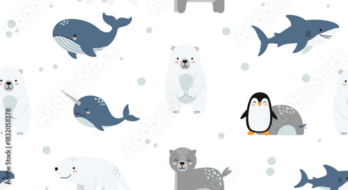 Seamless pattern with cute arctic and sea animals including a polar bear, whale, shark, narwhal, otter, and penguin.