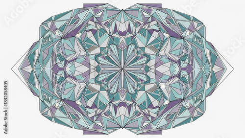 Abstract geometric kaleidoscope pattern featuring intricate symmetrical facets in cool tones of teal, mint, and soft purple