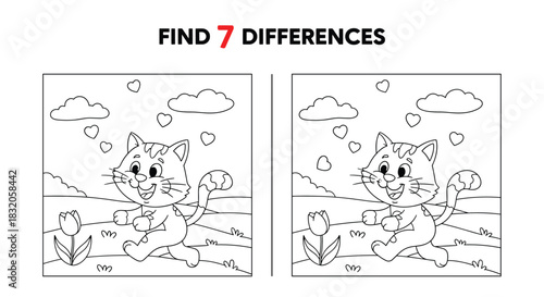 Find seven differences educational picture puzzle for kids, with a coloring page of a cute cat running in a field.