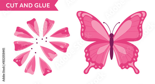 Cut and glue paper craft for kids to create a beautiful pink butterfly from individual, numbered wing parts.
