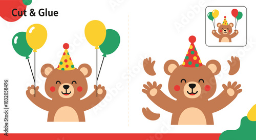 Cut and glue educational activity for children to assemble a happy bear in a party hat holding colorful balloons.
