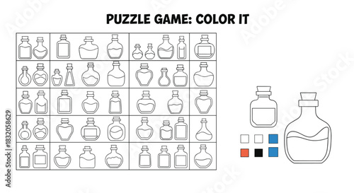 Puzzle game for kids to find and color specific glass bottles and jars among many different shapes and sizes.