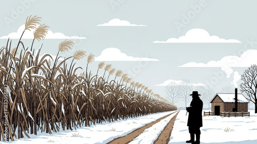 Silhouette of a farmer standing by a snowy dirt road next to tall, dry sugarcane field with a small wooden shack smoking in the distance under a winter sky