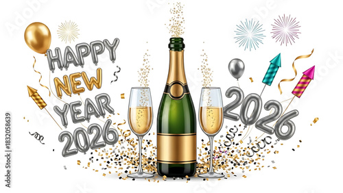 Sparkling New Year 2026 Celebration with Champagne and Festive Decorations