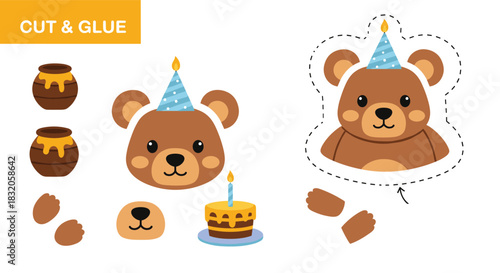 Cut and glue paper craft activity for kids to create a cute bear with a birthday hat, cake, and honey pots.