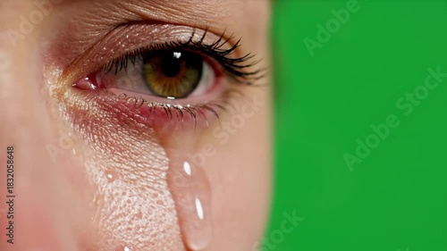 Sad woman crying with tears in eye on green screen background. Teardrop on face. Drama, depression concept