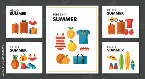 Set of five 'Hello Summer' cards and banners featuring travel and beach items like luggage, swimsuits, and surfboards.