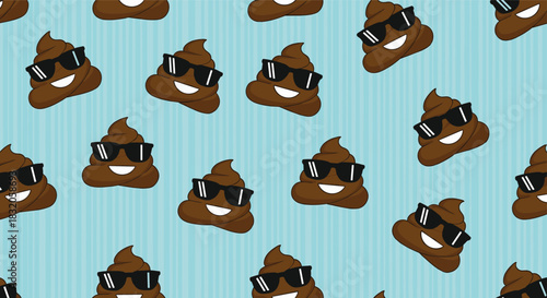 Seamless pattern with funny cartoon poop emoji characters wearing sunglasses on a striped light blue background.