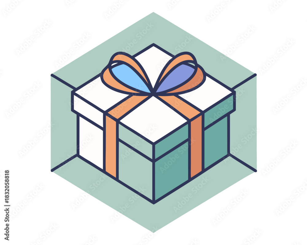 Obraz premium minimal gift box with ribbon bow, geometric square shape, clean thin outlines, soft muted colors, modern scandi aesthetic, isolated on white background, vector flat design 