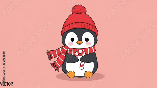 Cute cartoon baby penguin wearing a red knitted winter hat and matching striped scarf, holding a candy cane, vector illustration against a pale pink background