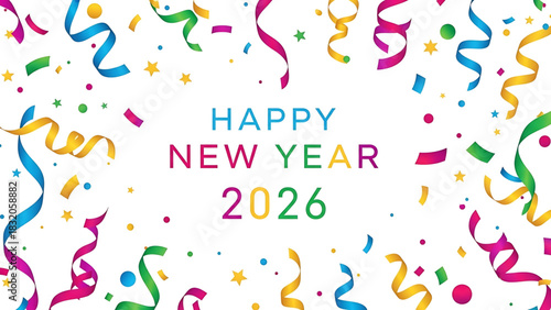 Cheerful Happy New Year 2026 Festive Banner with Confetti
