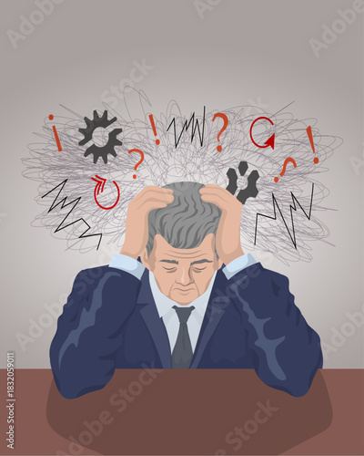 handsome middle-aged man in a suit sits at a table, full-face, clutching his head in his hands, with a metaphorical mass of problems and unresolved issues above him. Flat with shadow