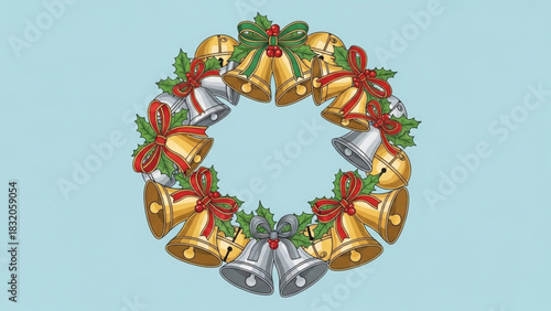 Festive christmas wreath made of shiny golden and silver jingle bells decorated with green holly leaves and red ribbons against a light blue background, perfect for holiday greeting card design