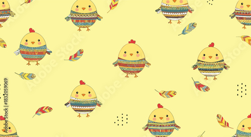 Seamless pattern with cute little chicks wearing colorful sweaters and scattered feathers on a yellow background.